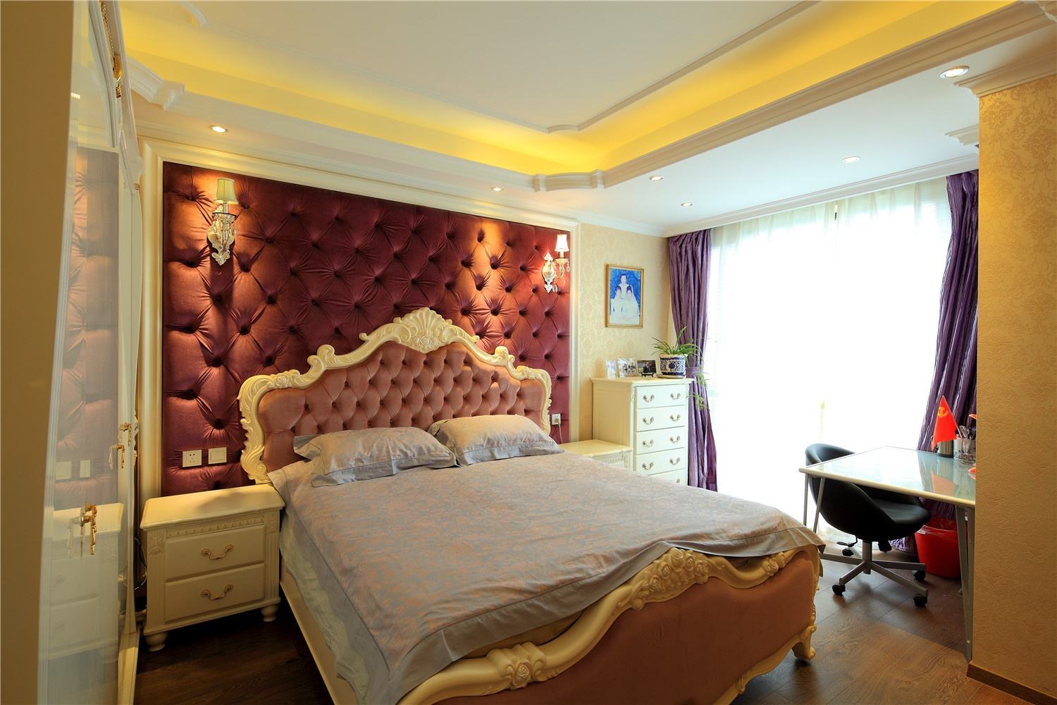 卧室,背景墙,欧式,紫色