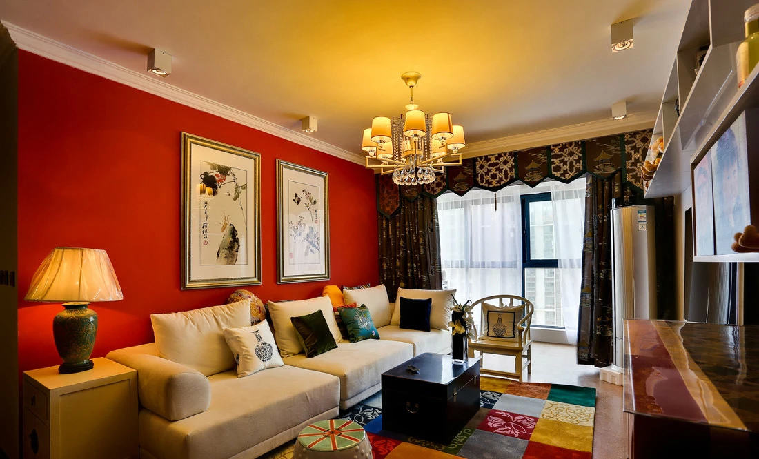 客厅,窗帘,背景墙,吊顶,窗户,现代,混搭,白色,米色,黄色,红色,橙色,紫色,蓝色