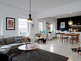 客餐厨开放空间 黑白色调的北欧风格年轻家庭公寓