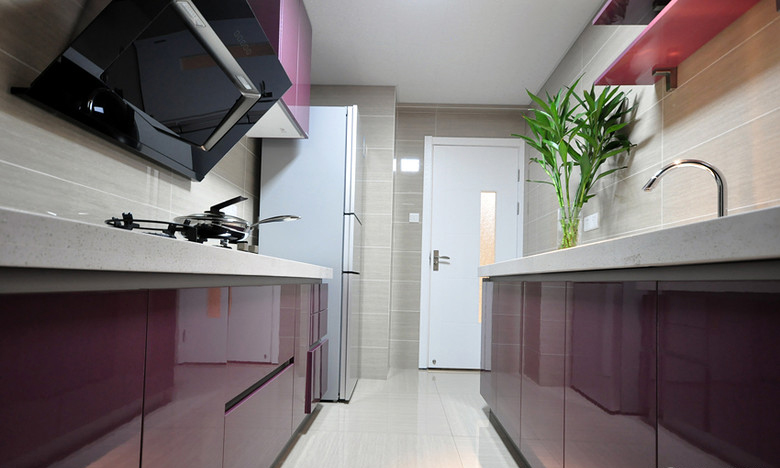 三居室装修,120平米装修,新古典风格,厨房,橱柜,紫色