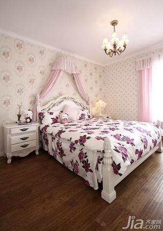 田园风格三居室粉色120平米卧室床图片