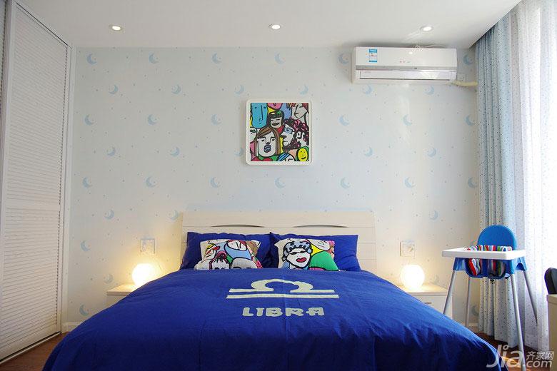 130平米装修,三居室装修,现代简约风格,儿童房,蓝色,卧室背景墙