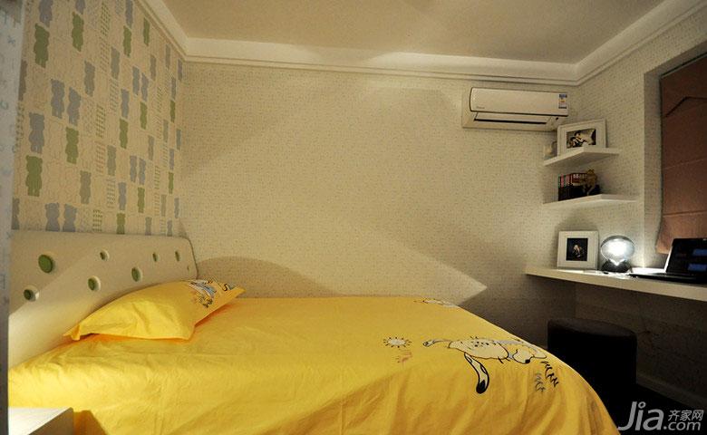 二居室装修,70平米装修,现代简约风格,卧室背景墙,床,黄色