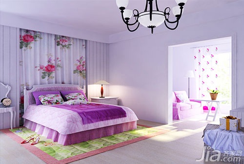 一居室装修,混搭风格,婚房,50平米装修,40平米装修,5-10万装修,富裕型装修,卧室,卧室背景墙,床,床头柜,灯具,紫色,浪漫