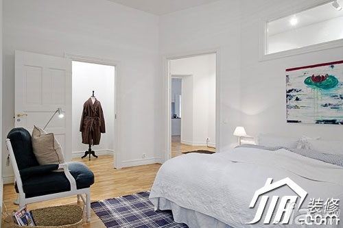 二居室装修,宜家风格,简约风格,富裕型装修,卧室,床,装饰画,简洁,白色