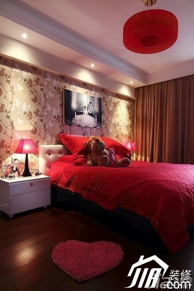 简约风格,3万-5万装修,90平米装修,二居室装修,卧室,床,壁纸,灯具,床头柜,红色,浪漫