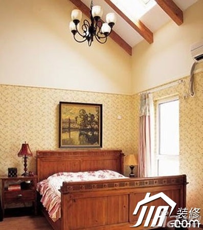 美式风格,三居室装修,美式乡村风格,卧室,床,床头柜,装饰画,灯具