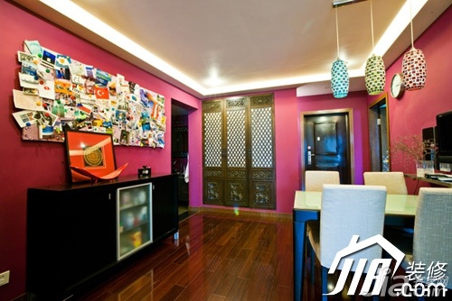 公寓装修,100平米装修,经济型装修,混搭风格,餐厅,灯具,餐桌,餐厅背景墙,餐边柜