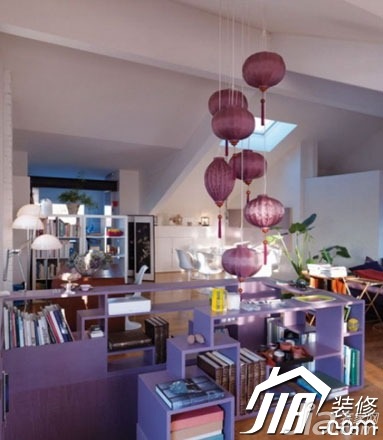 中式风格,复式装修,展示架,灯具,紫色