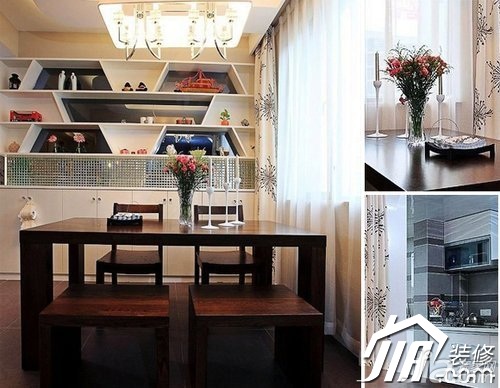 混搭风格,公寓装修,经济型装修,餐厅,灯具,餐桌,窗帘,餐厅背景墙