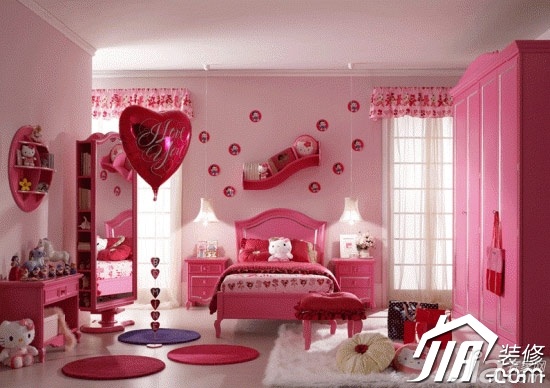 卧室装修,富裕型装修,混搭风格,粉色,卧室,儿童床,卧室背景墙,衣柜