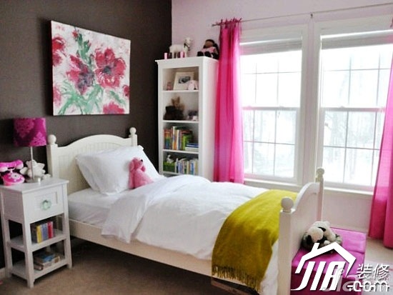 粉色,卧室装修,富裕型装修,混搭风格,装饰画,书架,床,窗帘,灯具