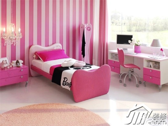 卧室装修,富裕型装修,混搭风格,壁纸,儿童房,儿童床,书桌,粉色,床头柜
