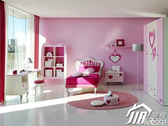 卧室装修,富裕型装修,混搭风格,粉色,儿童房,儿童床,,衣柜,床头柜