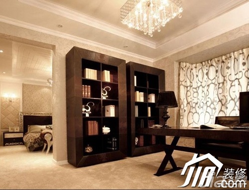 公寓装修,豪华型装修,欧式风格,书房,书桌,书架,窗帘,灯具