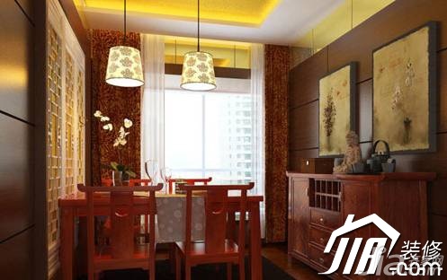 中式风格,富裕型装修,130平米装修,公寓装修,餐厅,民族风,餐桌,灯具,窗帘,餐边柜,装饰画