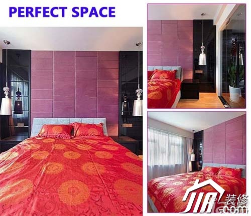 公寓装修,100平米装修,富裕型装修,混搭风格,卧室,床,卧室背景墙,红色,浪漫