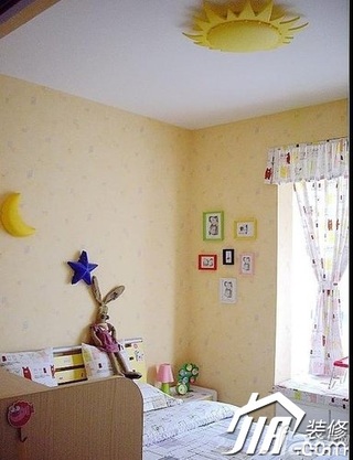 田园风格公寓黄色富裕型130平米卧室飘窗窗帘图片