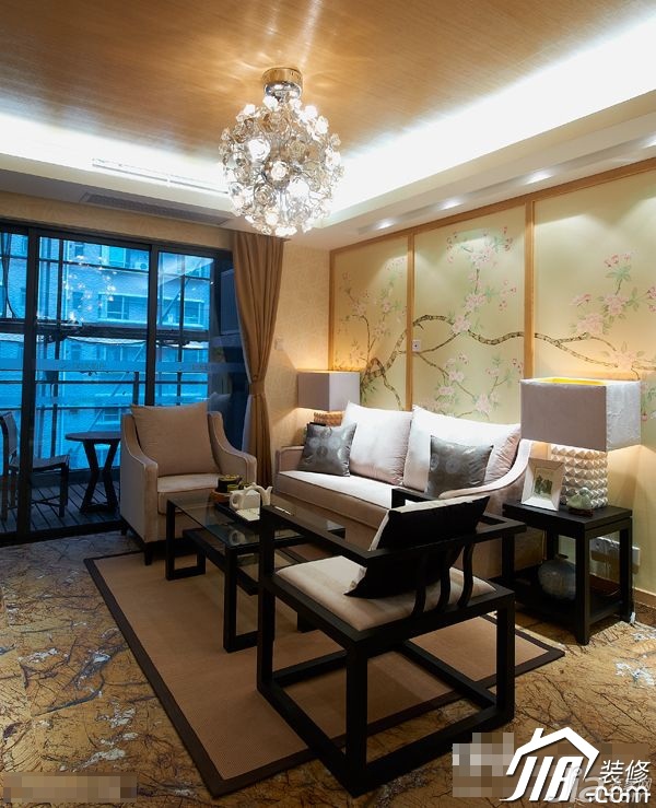 东南亚风格,富裕型装修,90平米装修,公寓装修,客厅,古典,沙发,茶几,窗帘,灯具,沙发背景墙