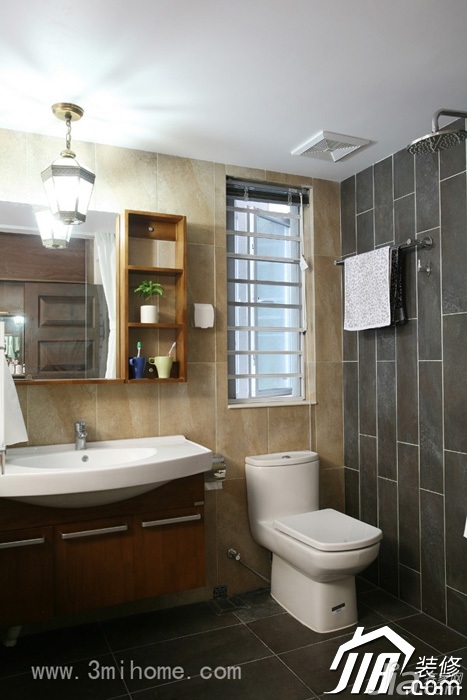 中式风格,公寓装修,富裕型装修,卫生间,简洁,灯具,洗手台,浴室柜,背景墙