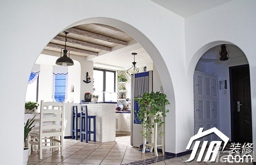 富裕型装修,地中海风格,公寓装修,厨房,蓝色,小清新,吧台,灯具,吧台椅