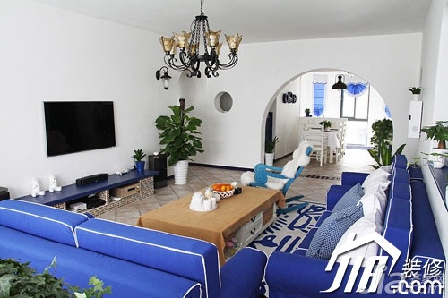 富裕型装修,地中海风格,公寓装修,客厅,蓝色,小清新,沙发,茶几,灯具,电视背景墙