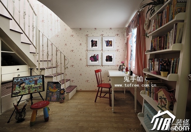 鬼手帕,混搭风格,富裕型装修,复式装修,书房,楼梯,书桌