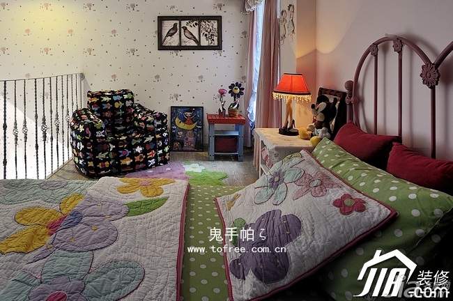鬼手帕,混搭风格,富裕型装修,复式装修,卧室,床,壁纸