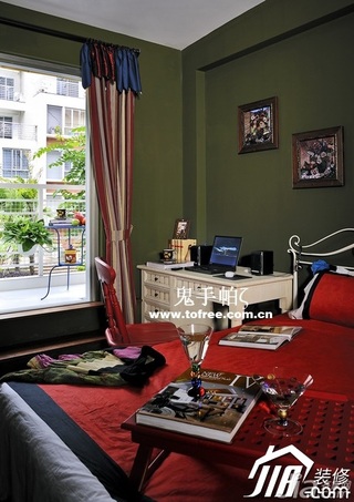 鬼手帕混搭风格舒适绿色富裕型140平米以上卧室床图片