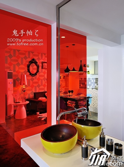 鬼手帕,60平米装修,混搭风格,富裕型装修,卫浴间,洗手台,红色