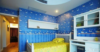 蓝色儿童房卧室背景墙床效果图