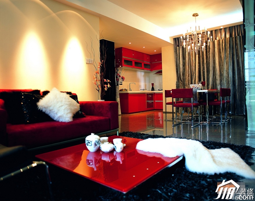 公寓装修,90平米装修,富裕型装修,简约风格,客厅,厨房,红色,沙发,茶几,餐厅,窗帘,灯具,餐桌,橱柜