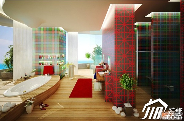 简约风格,富裕型装修,90平米装修,公寓装修,卫生间,红色,浪漫