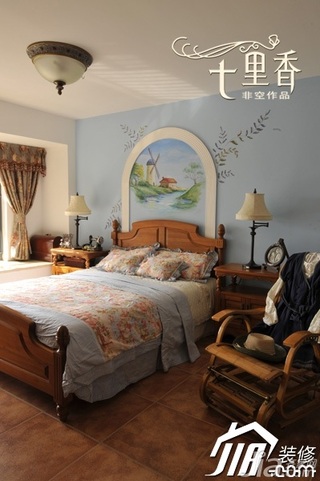 非空新古典风格复式舒适富裕型卧室手绘墙床效果图