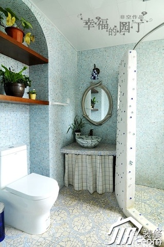 非空美式乡村风格复式蓝色卫生间淋浴房安装图