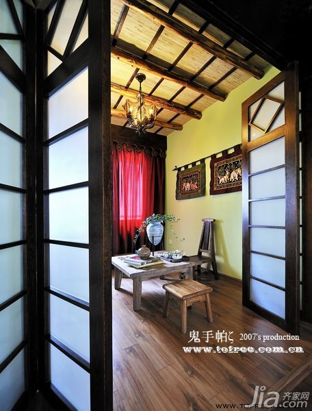 新古典风格,东南亚风格,公寓装修,榻榻米,横梁,茶几