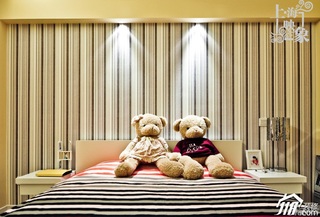 简约风格一居室温馨暖色调富裕型卧室卧室背景墙床图片