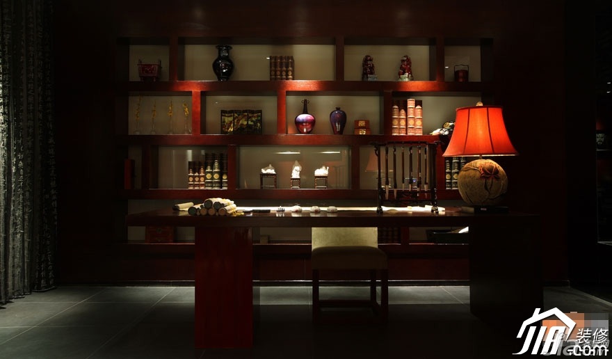 公寓装修,110平米装修,富裕型装修,中式风格,书房,书架,书桌,灯具