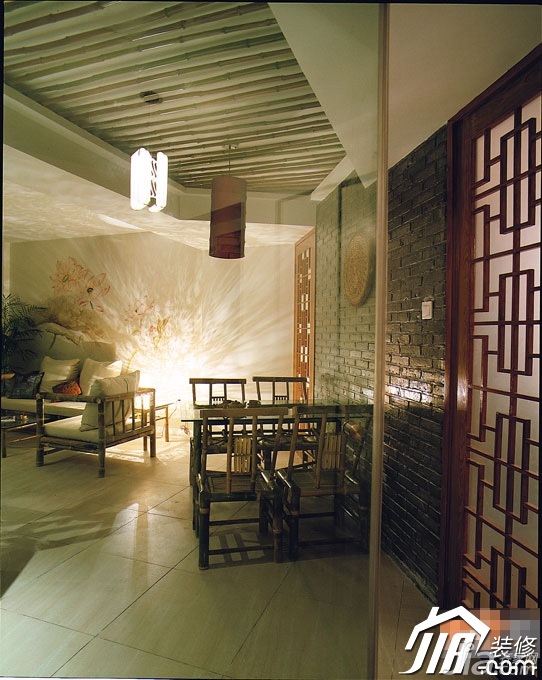 公寓装修,富裕型装修,中式风格,110平米装修,客厅,餐厅,民族风,沙发,灯具,餐桌