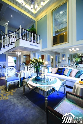 欧式风格别墅浪漫蓝色富裕型140平米以上客厅沙发效果图
