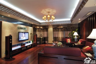 中式风格富裕型客厅电视背景墙沙发效果图