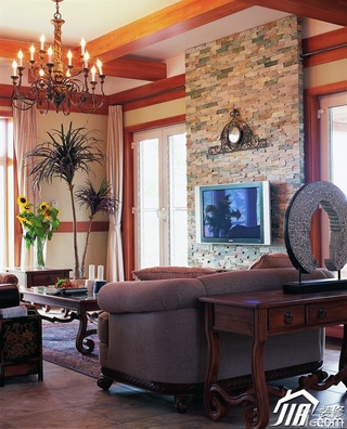 东南亚风格别墅古典原木色富裕型140平米以上客厅电视背景墙沙发效果图