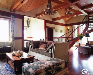 东南亚风格别墅古典原木色富裕型140平米以上客厅楼梯沙发图片