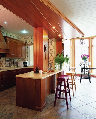 东南亚风格别墅古典原木色富裕型140平米以上厨房吧台灯具图片