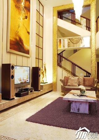 混搭风格别墅古典暖色调豪华型客厅电视背景墙电视柜图片