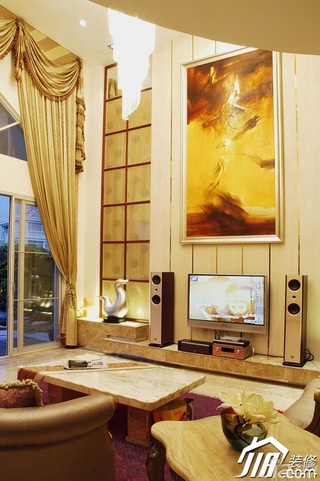 混搭风格别墅古典暖色调豪华型客厅电视背景墙沙发图片