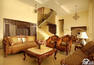 欧式风格别墅古典暖色调豪华型140平米以上客厅楼梯沙发图片