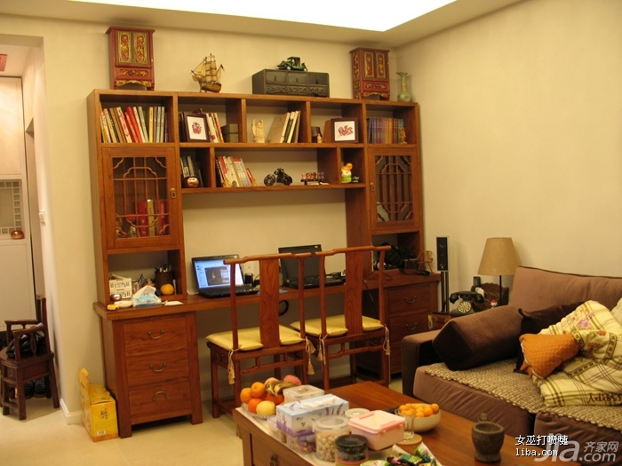 富裕型装修,公寓装修,中式风格,工作区,书桌,书架