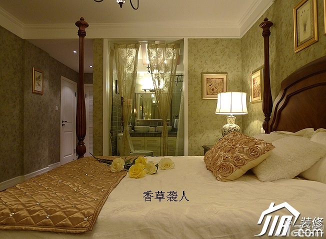 美式乡村风格,富裕型装修,120平米装修,公寓装修,卧室,床,灯具,背景墙,温馨