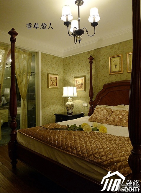 美式乡村风格,富裕型装修,120平米装修,公寓装修,卧室,背景墙,灯具,床,温馨